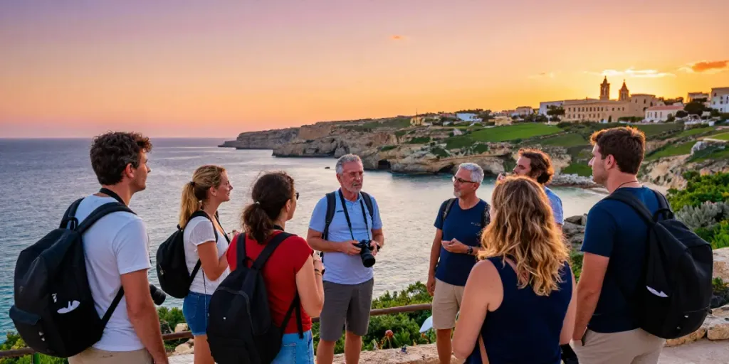 Engaged group of travelers enjoying Gozo tours during a sunset.