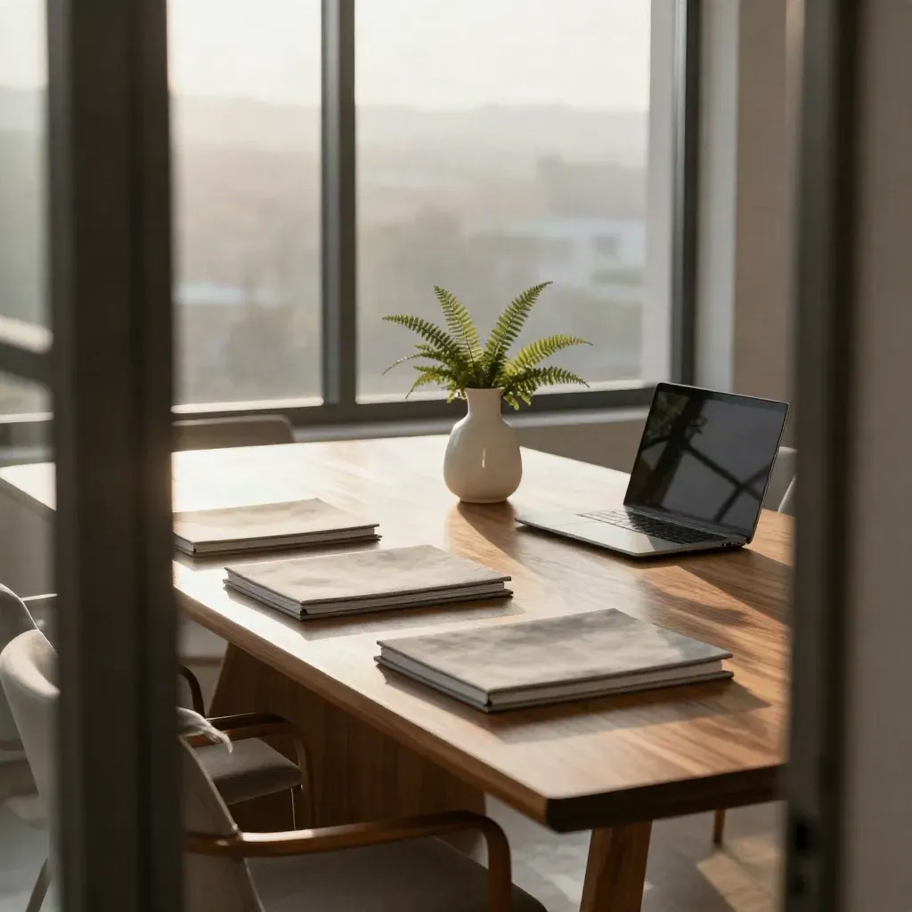 Sunlit boardroom table with ESG binders, carafe, fern, and closed laptop.
