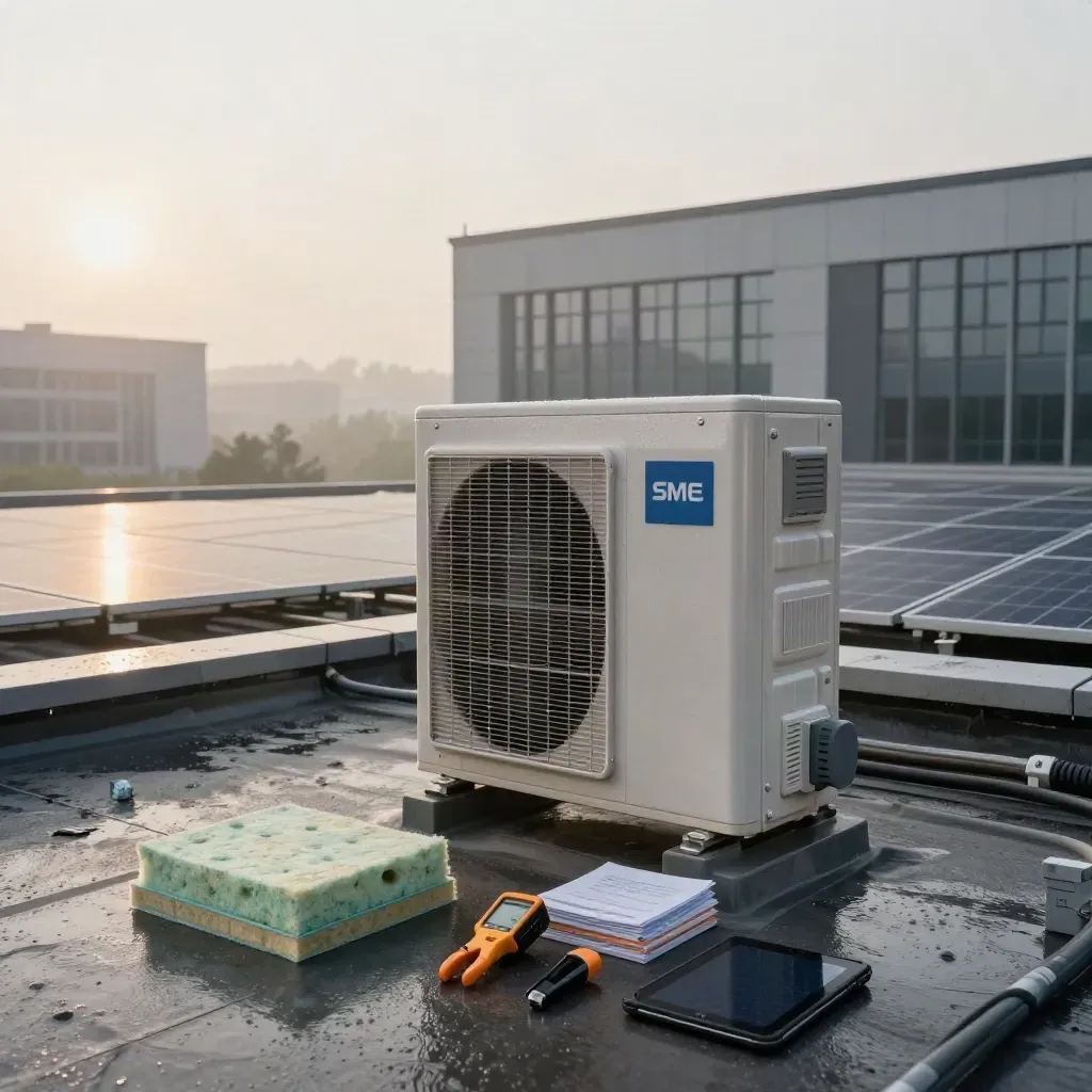 Rain-wet rooftop heat pump, solar rails, and audit tools on a modern SME campus at sunrise.