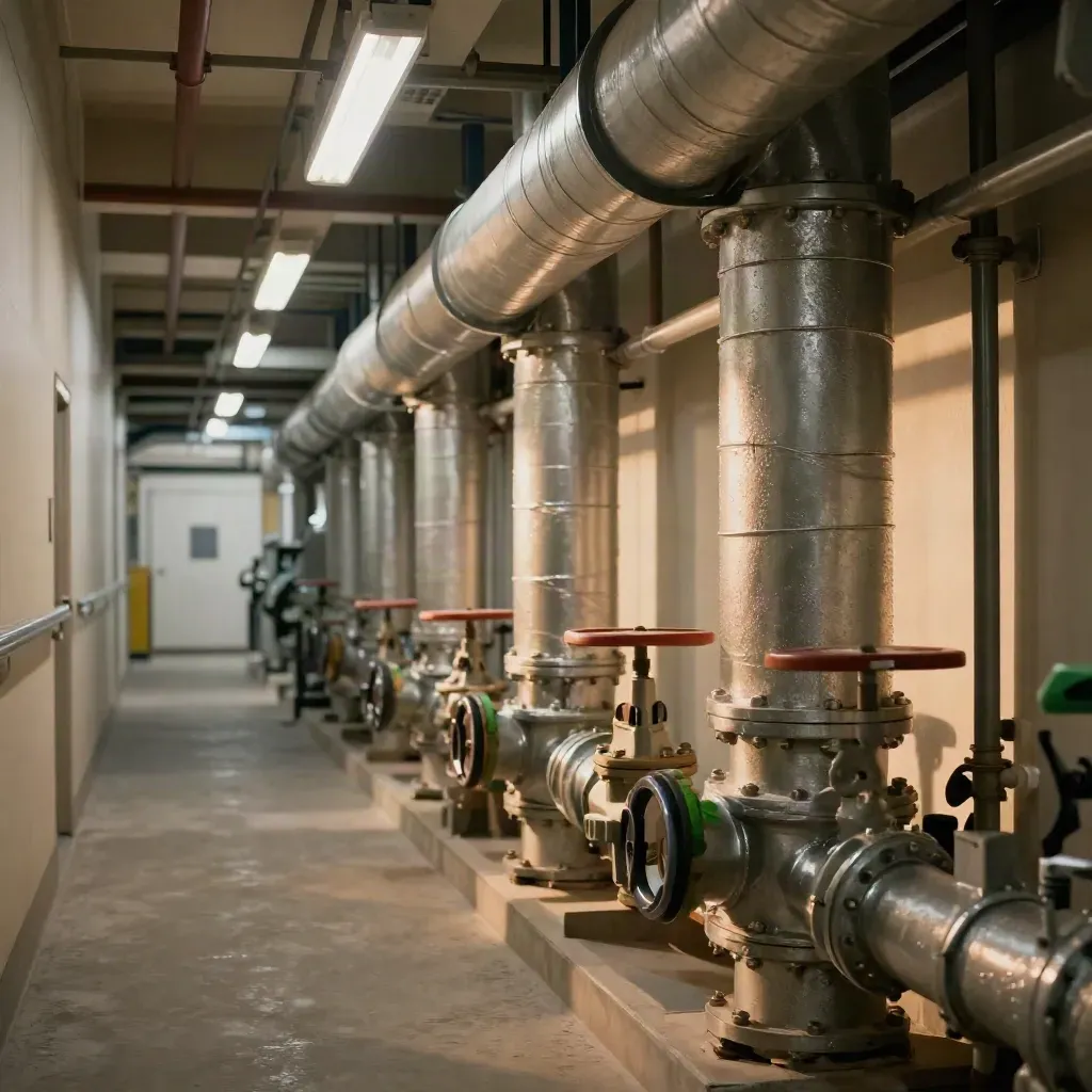 Low-angle HVAC plant room with ducts, valves, and heat shimmer in soft industrial light.
