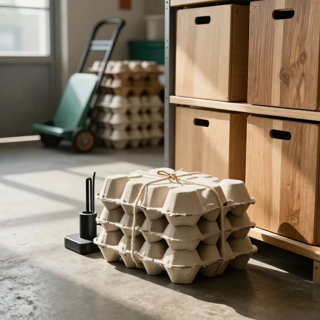 Reusable cartons beside a charging post and storage wall in a sunlit workshop threshold.