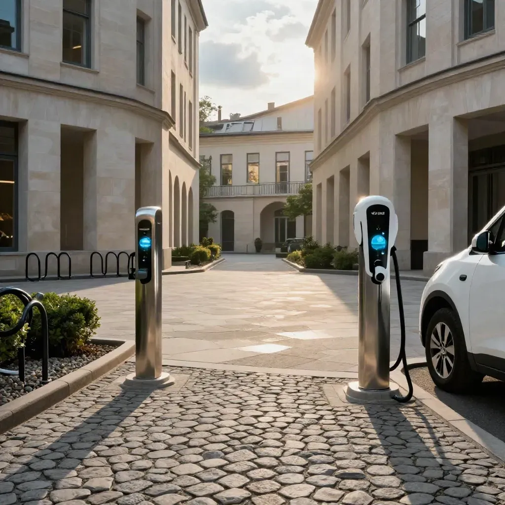 Low civic courtyard with EV chargers, bike racks, stone façades and clipped planting in broken cloud light.