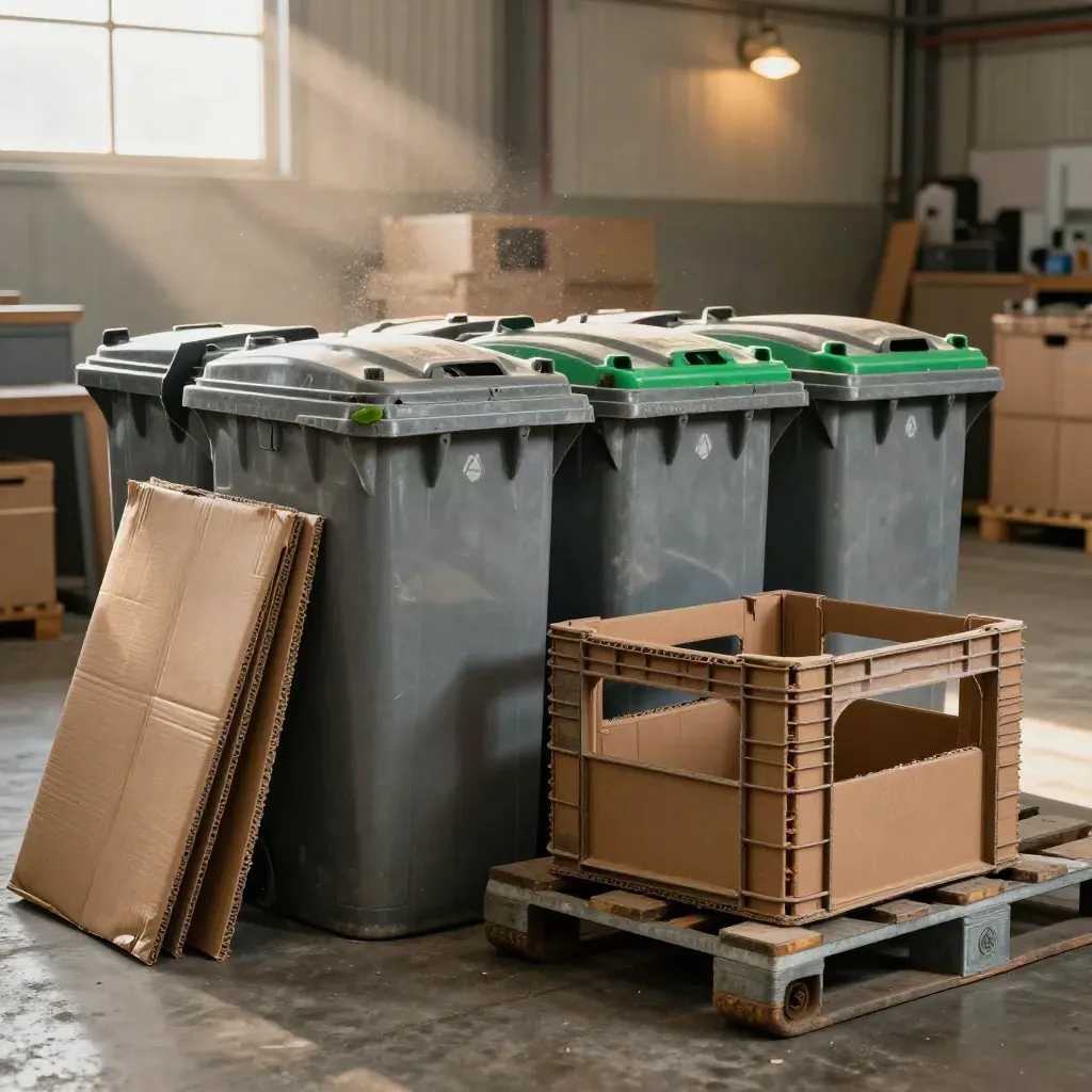 Three recycling bins, collapsed cardboard and reusable crates in a sunlit warehouse bay.