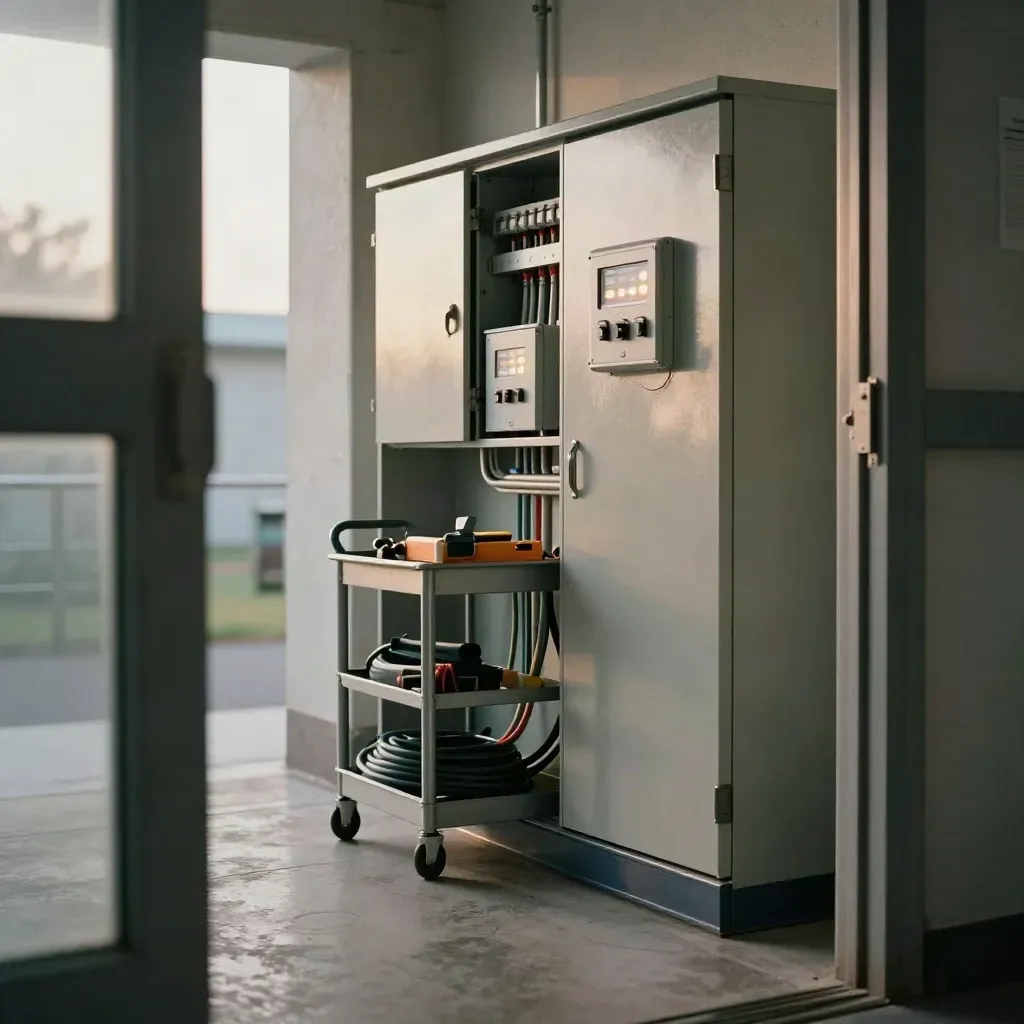 Meter cupboard audit scene with glowing indicators and a compact service cart in a cool corridor.