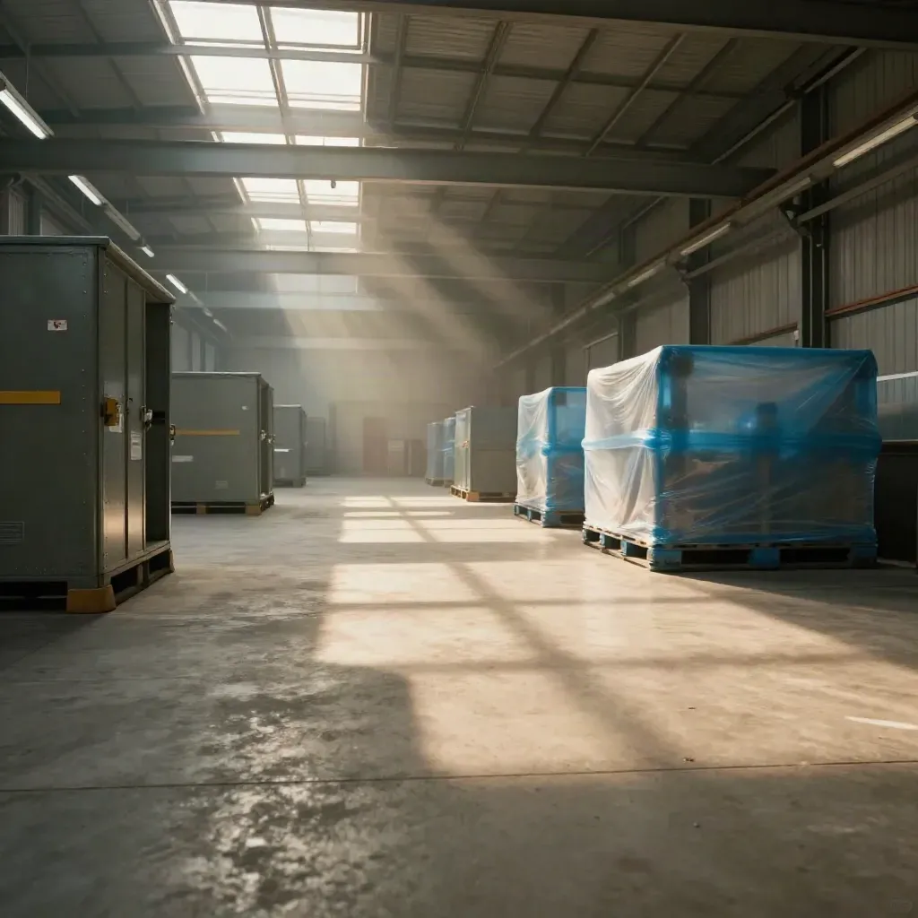 Empty warehouse aisle lit by skylights, with dark fixtures, idle bays and dust in sunbeams.