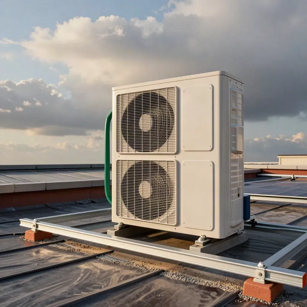 Low-angle rooftop heat pump beside solar rails, ballast blocks, gravel, and drifting cloud.