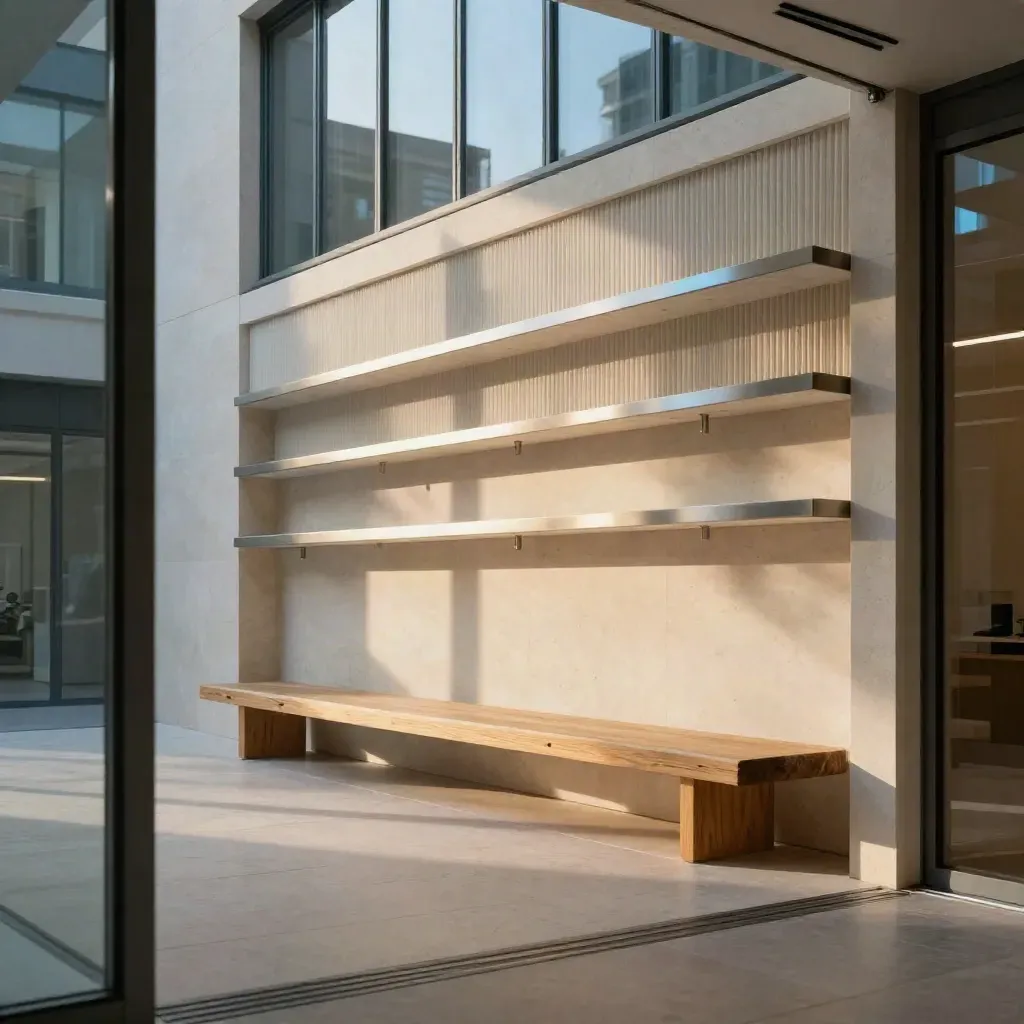 Low-angle Brussels office atrium with pale stone, timber bench, and soft morning light.