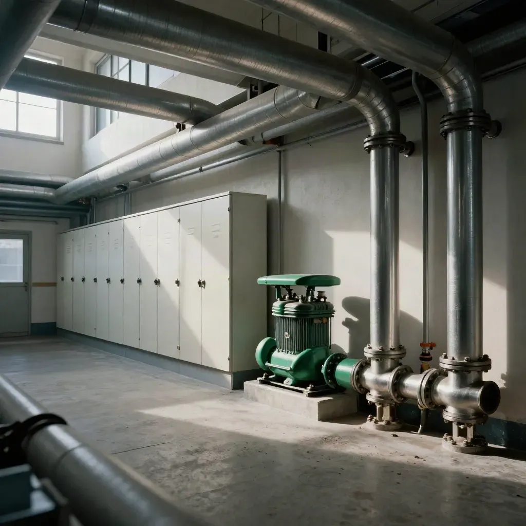 School plant room with pipes, insulated panels and winter light