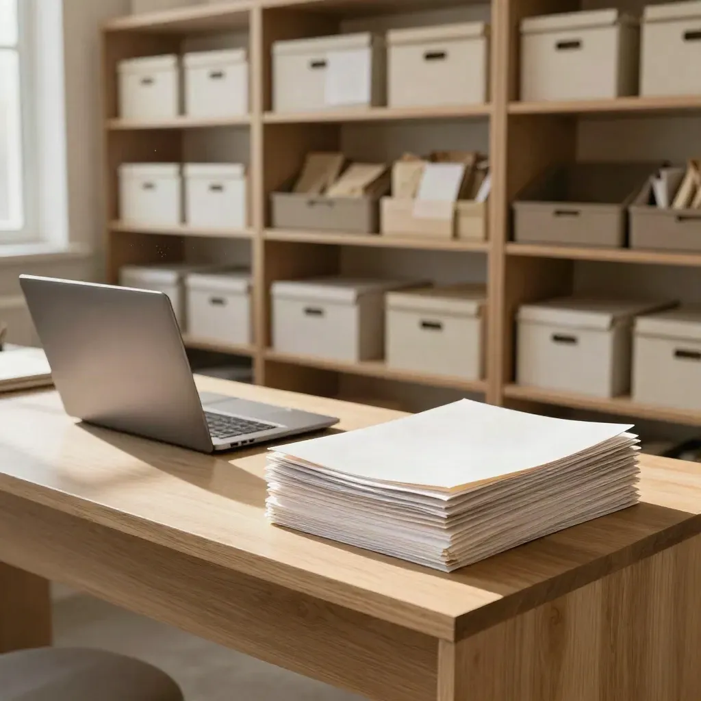 Charity office with donation shelves, a closed laptop and report folders in warm window light.