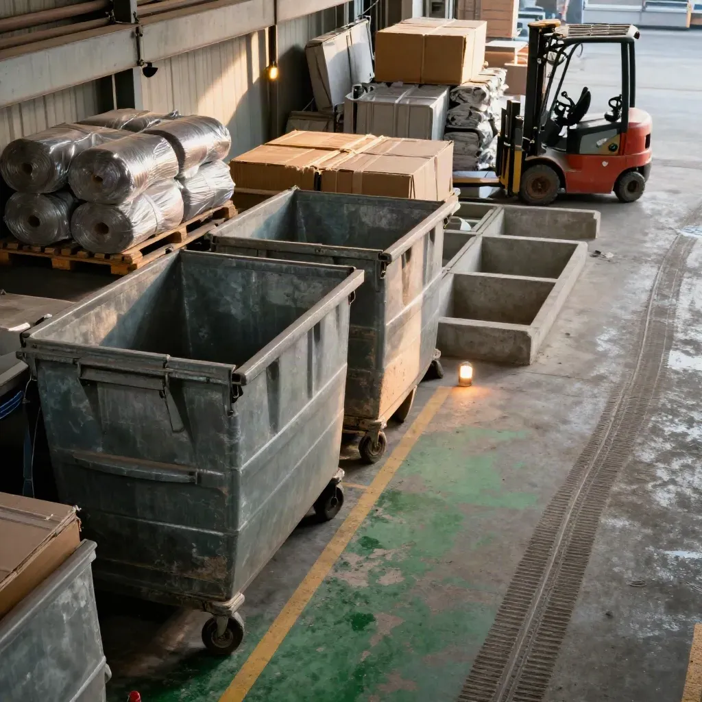 Mezzanine view of a paused factory waste lane with skip bins, wrap rolls, and green bay markings.