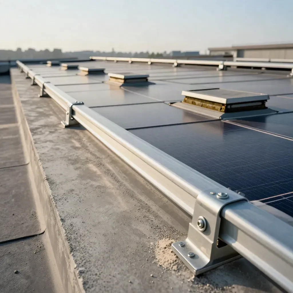 Low rooftop macro with solar rails, ballast blocks, and an inspection hatch in raking light.