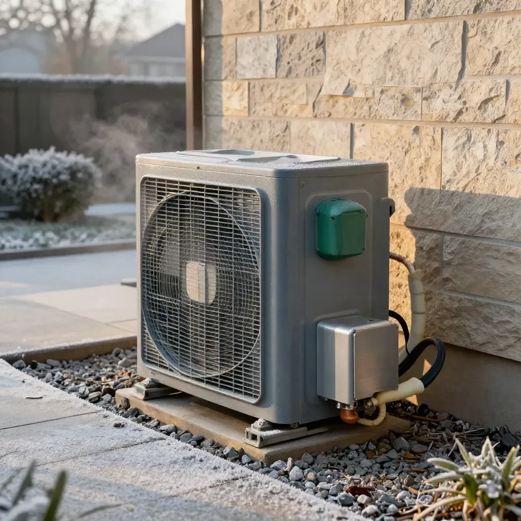 Close low view of a heat pump unit with insulated pipes on gravel, winter vapour curling around it.