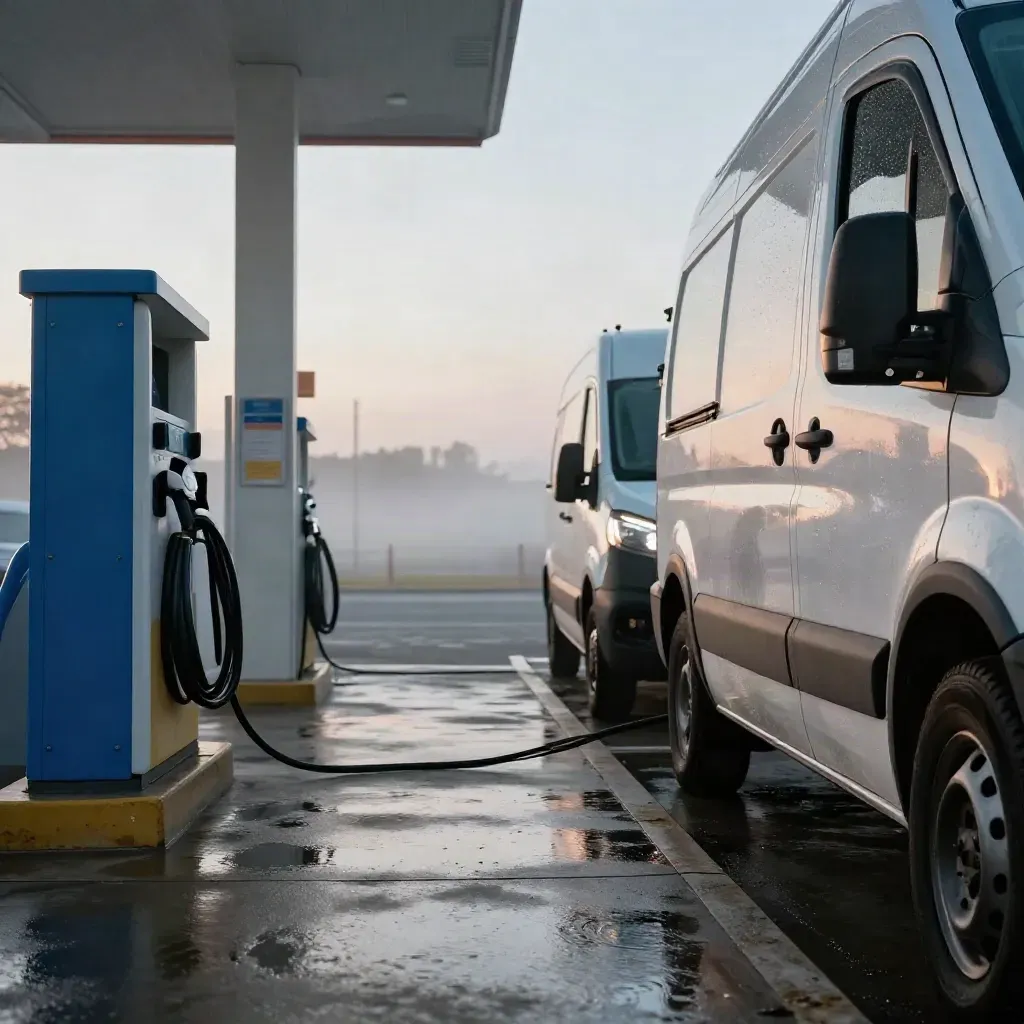 Dawn fleet depot with vans, charging post and fuel bay canopy in mist.