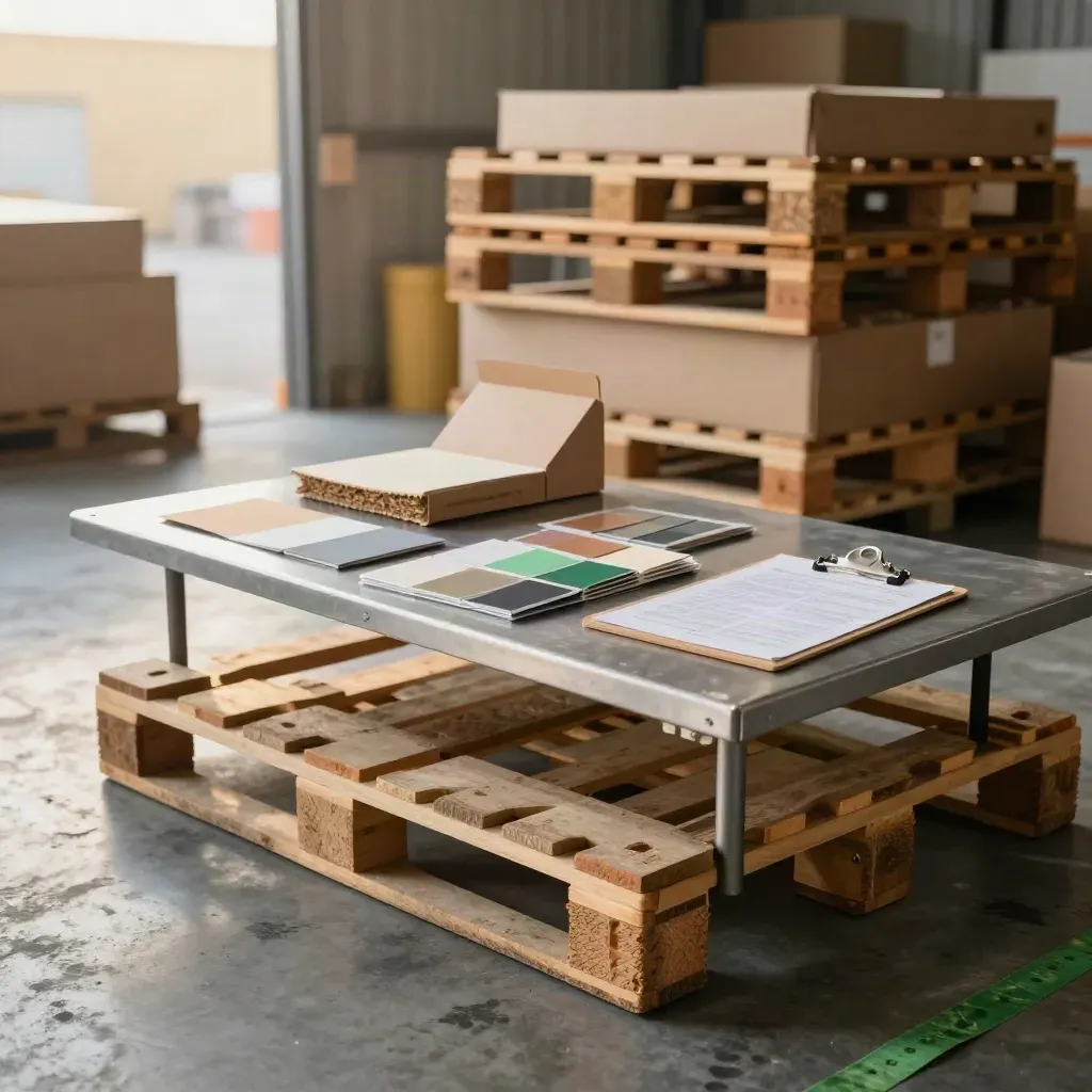 Loading dock with pallets, sample cartons and an inspection table in soft daylight.