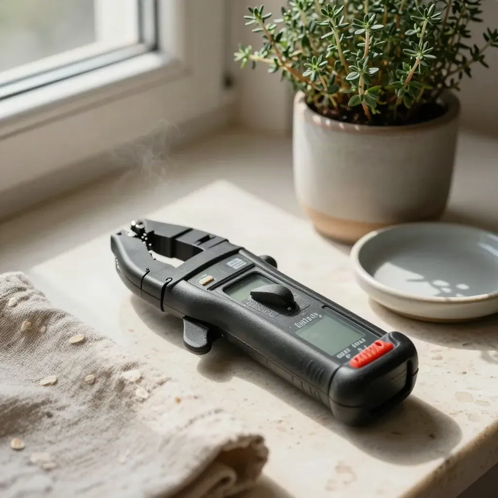 Clamp meter on travertine with linen, thyme plant and ceramic dish in soft window light.