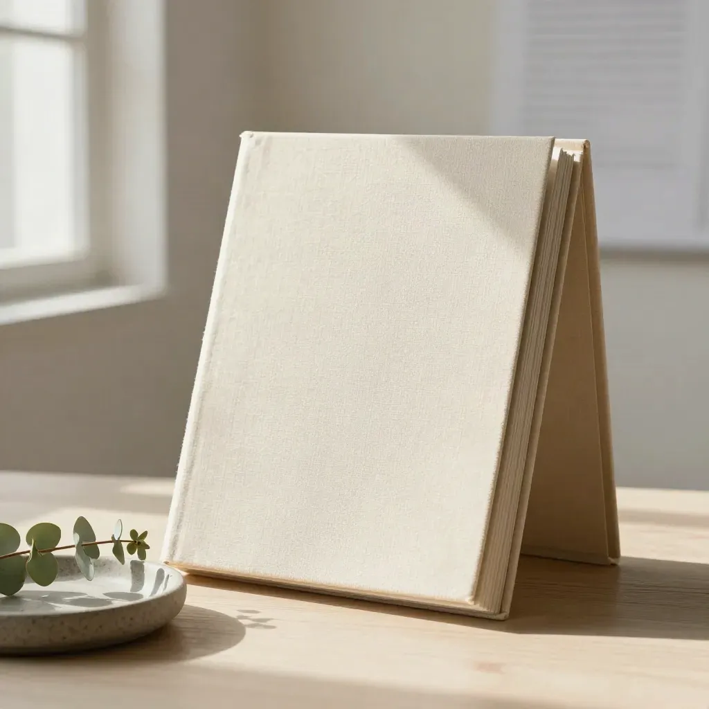 Linen report binders, eucalyptus, and a stone dish on pale wood in soft side light.