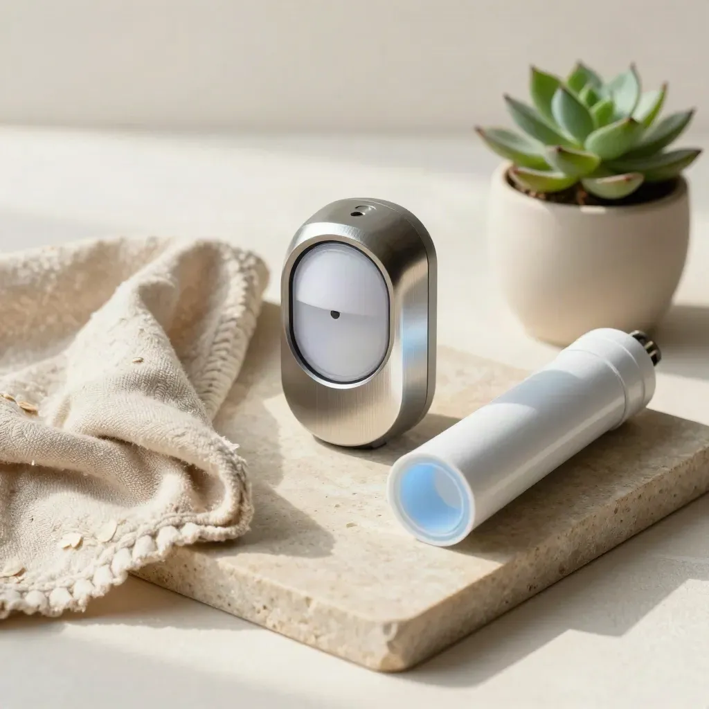 Brushed-metal occupancy sensor with LED tube sample, cloth, and tiny plant on a limestone tray.