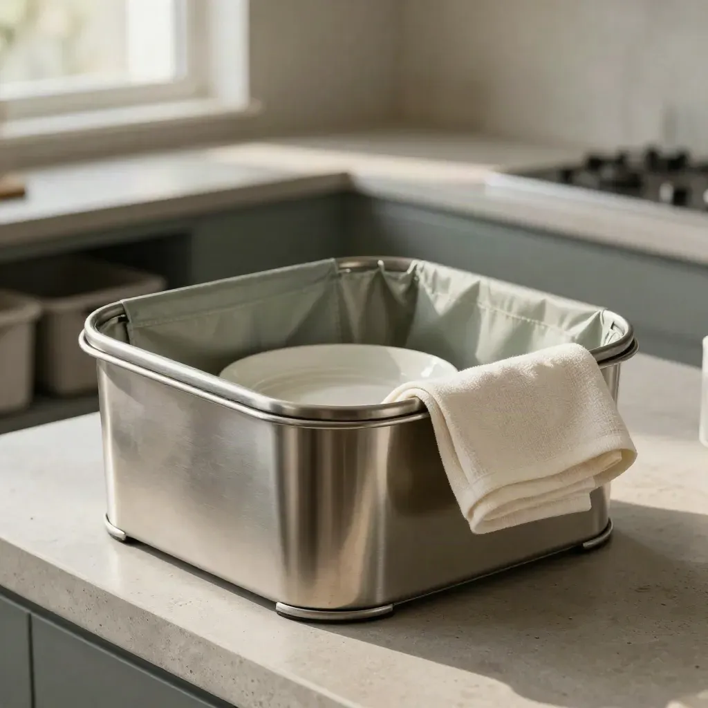 Stainless waste caddy, ceramic dish and folded cloth on concrete with soft side light.